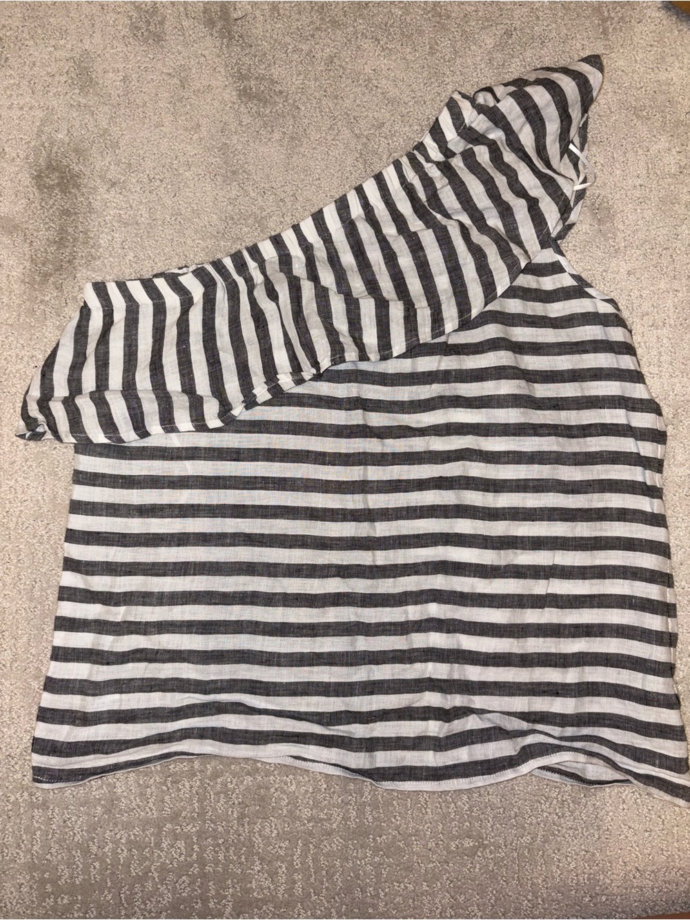 Vince Camuto Black and White Striped One-Shoulder Ruffle Top